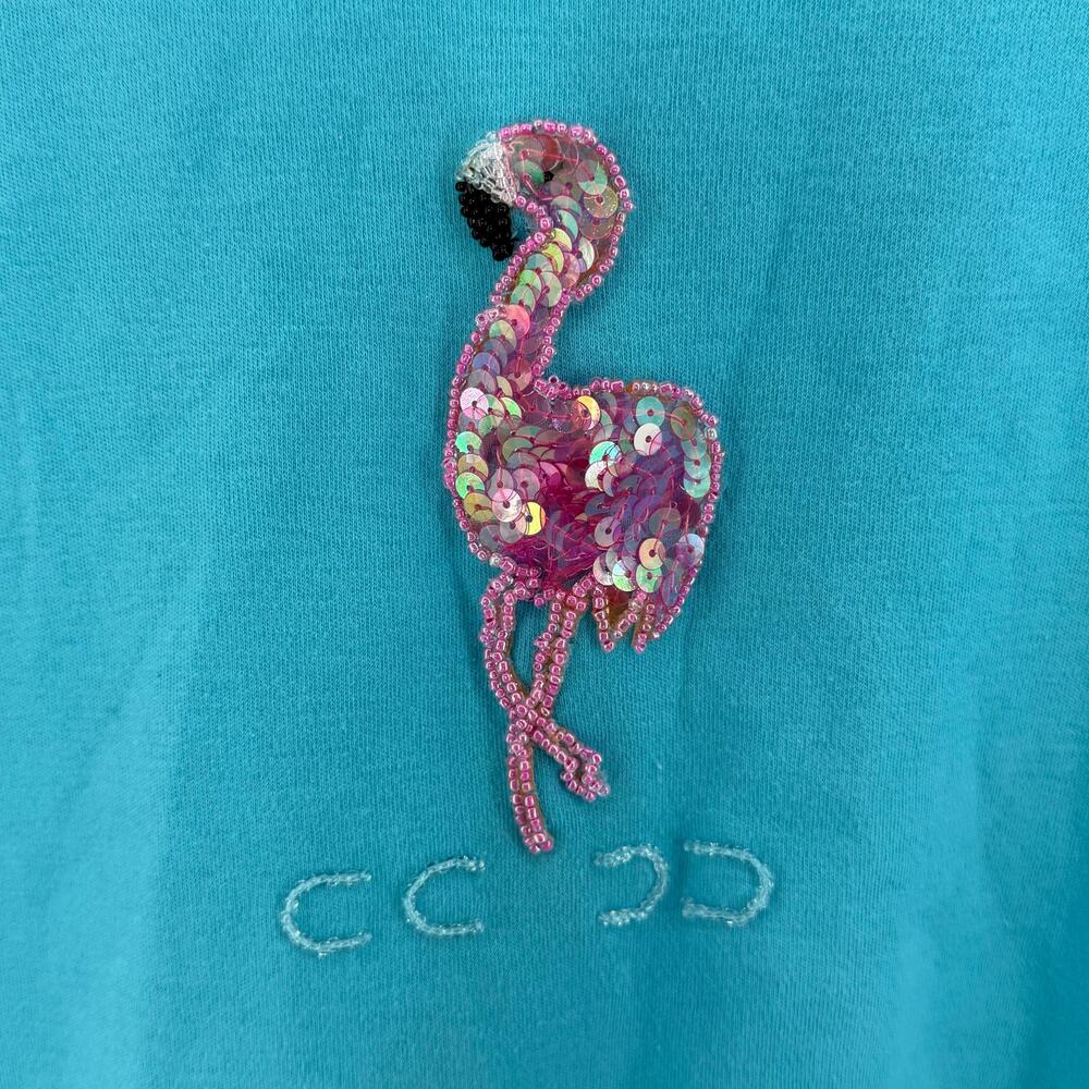 Quacker Factory Turquoise Flamingo Sequin T-Shirt | Women’s 3X